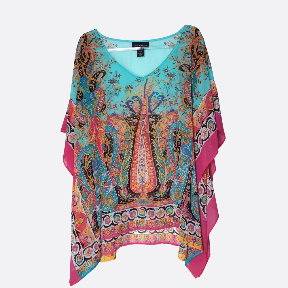 Lane Bryant Kaftan Top Turquoise Pink Plus 2X 3X Paisley Sheer Poncho Blouse - Picture 2 of 7